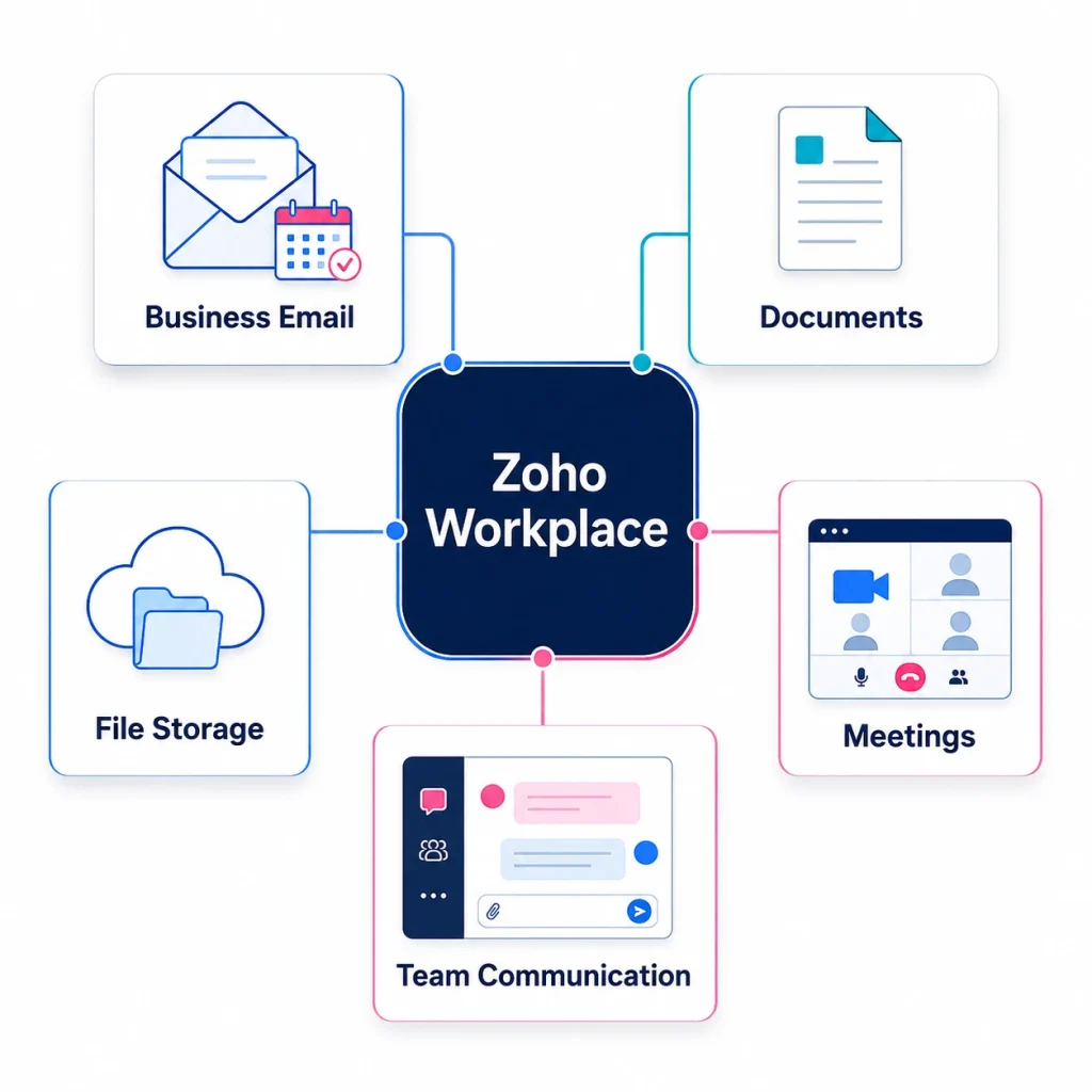 Zoho Workplace connecting business email, documents, file storage, meetings and team communication.