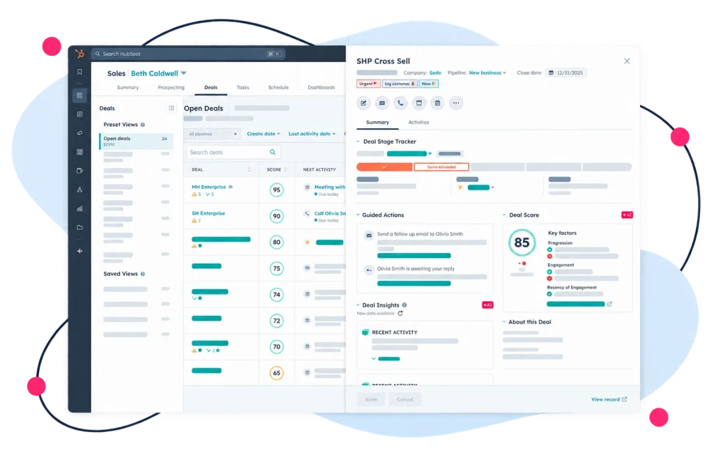 HubSpot Sales Hub dashboard with pipeline and lead management