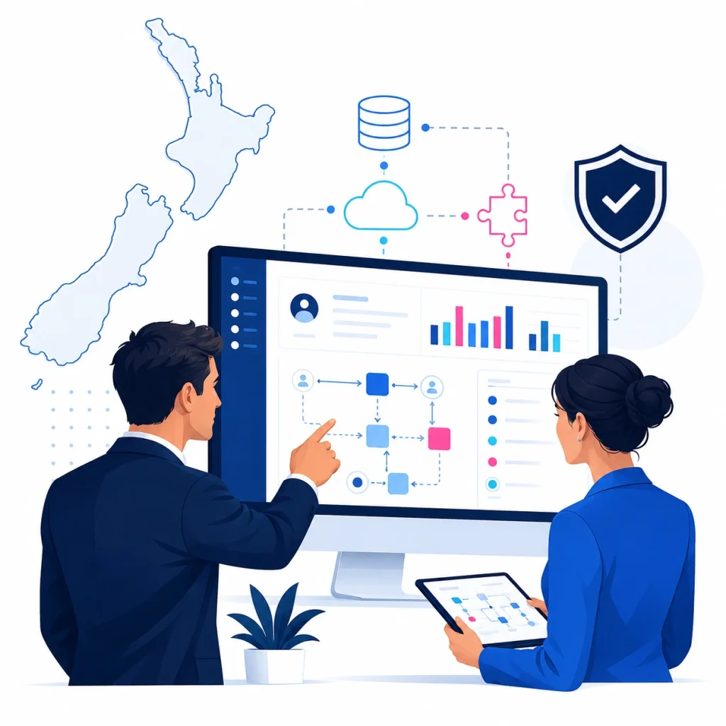 New Zealand technology consultants reviewing CRM, data and systems integration requirements.