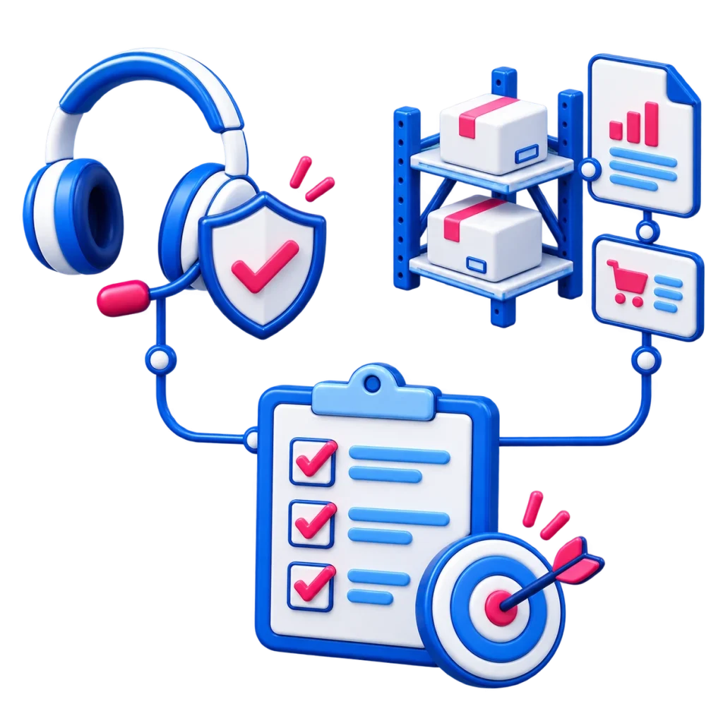 3D illustration connecting a support headset, warehouse stock, sales and financial records with a project checklist and target.