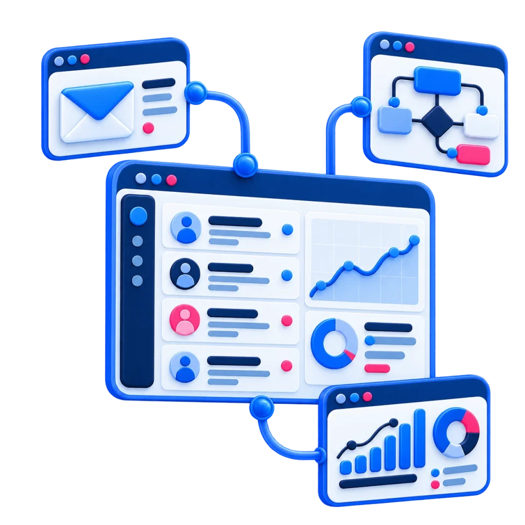 Connected business software dashboards showing customer records, email, workflows and reporting.