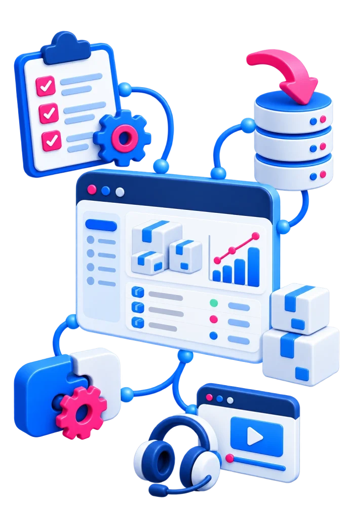 Inventory software illustration connected to a shield, integration links and a project checklist with a target.