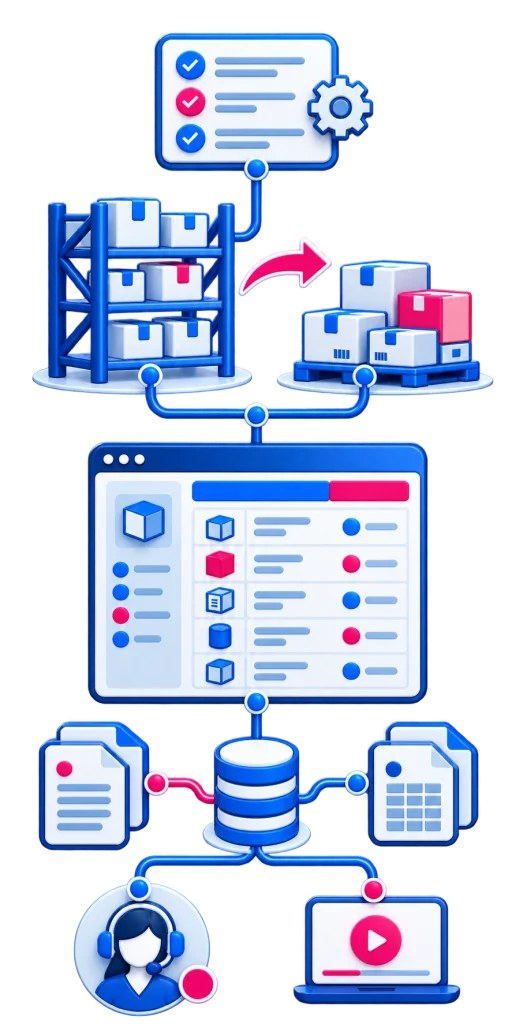Inventory software illustration linking planning, warehouse transfers, data migration, system integration and team training.