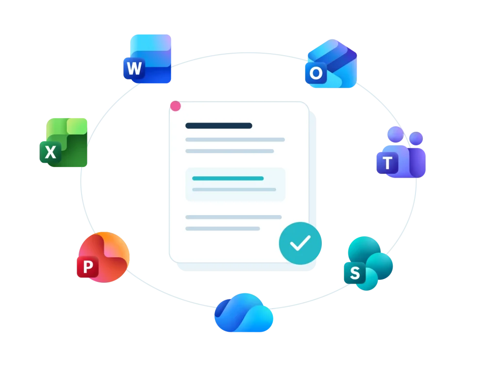 Microsoft 365 applications connected around shared documents and teamwork.