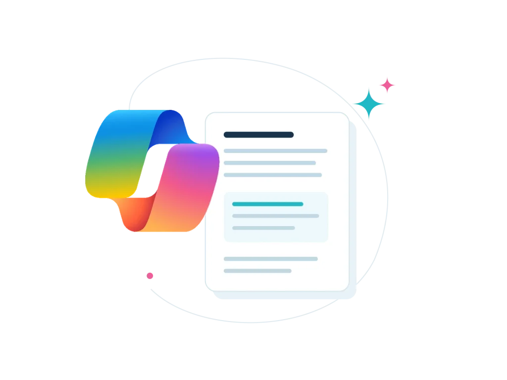 Microsoft Copilot with a document illustration representing AI assistance for drafting and summarising.