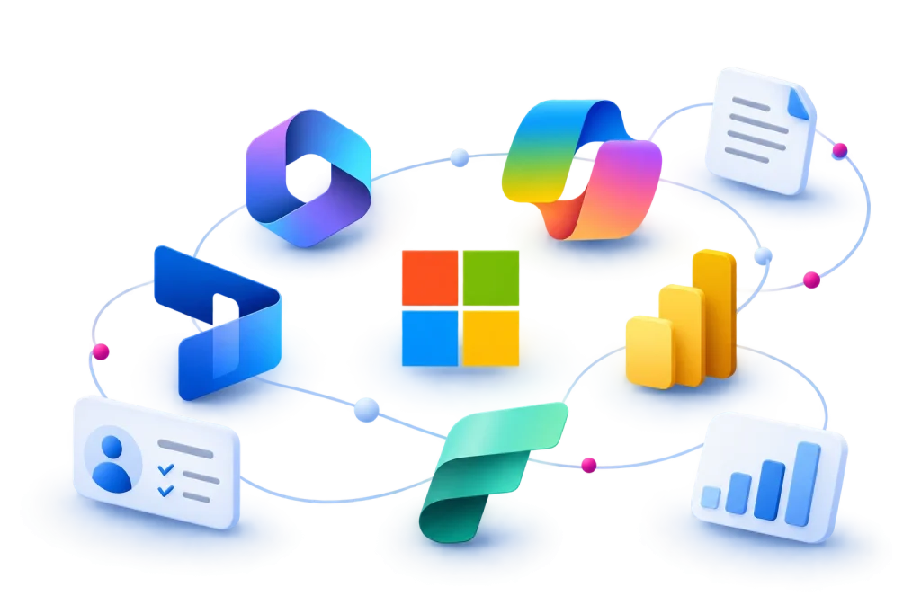 Microsoft business solutions illustration representing collaboration, customer management and data analytics.