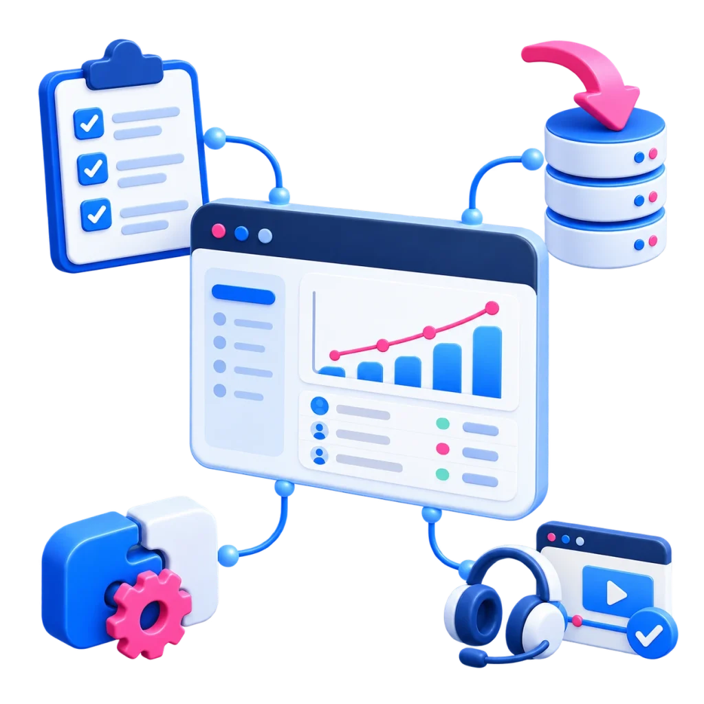 Software dashboard connected to planning, data migration, integration, training and support tools.