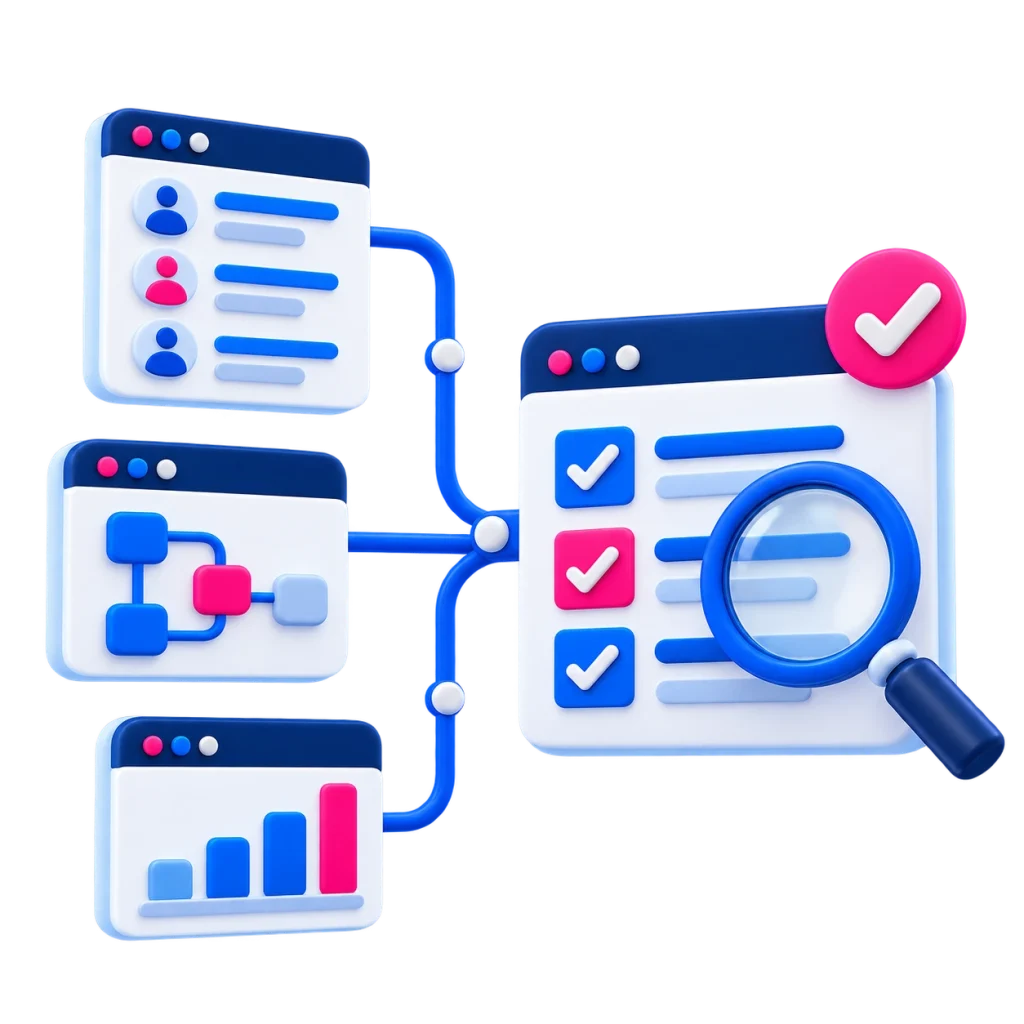 Software options connected to a requirements checklist, with a magnifying glass representing assessment and selection.